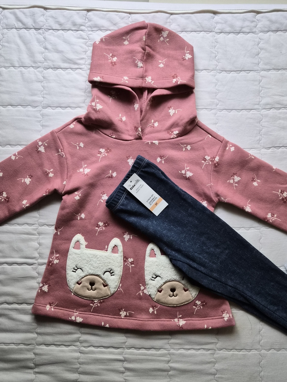 Girls Pink Floral Hoodie with Kitty Applique